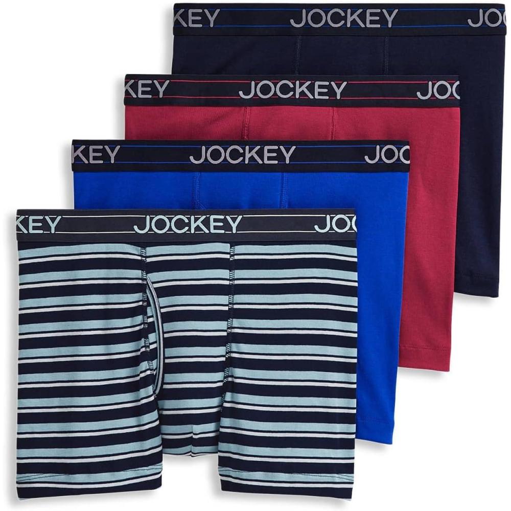 imageJockey Mens Underwear Lightweight Cotton Blend 5 Boxer Brief 4 PackBluest BlueSuitable StripeTrue NavyRed Pear