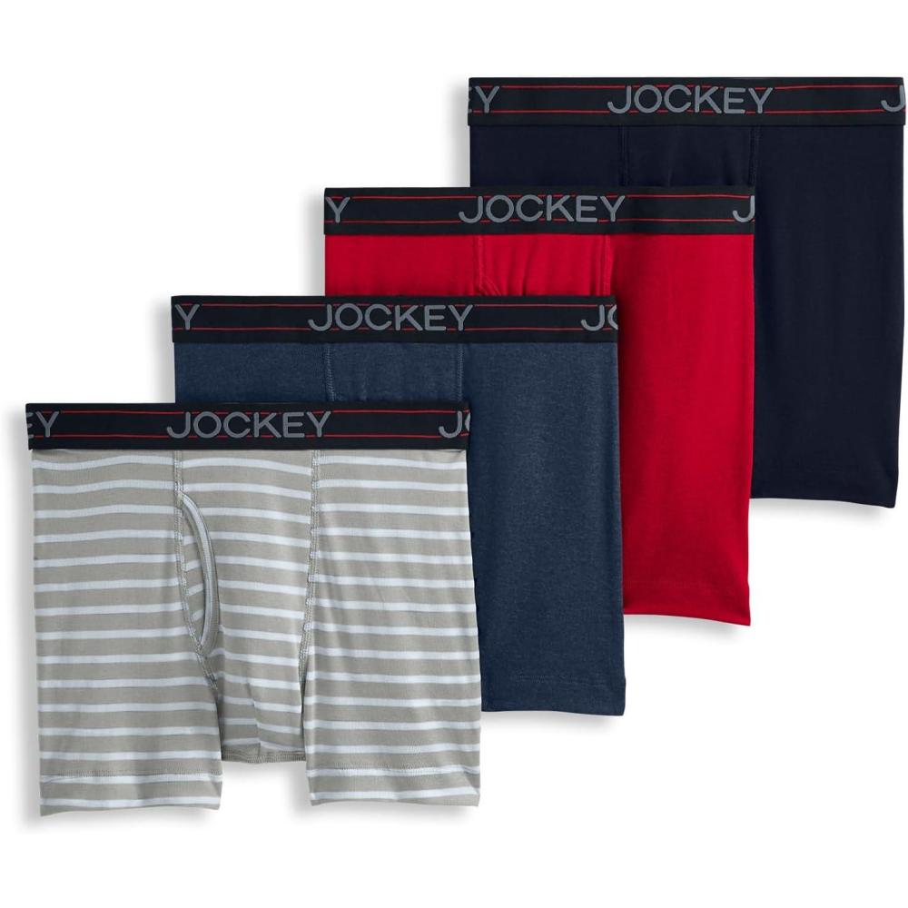 imageJockey Mens Underwear Lightweight Cotton Blend 5 Boxer Brief  4 PackNavy HeatherRacing RedRough BlueQuartz Grey Stripe