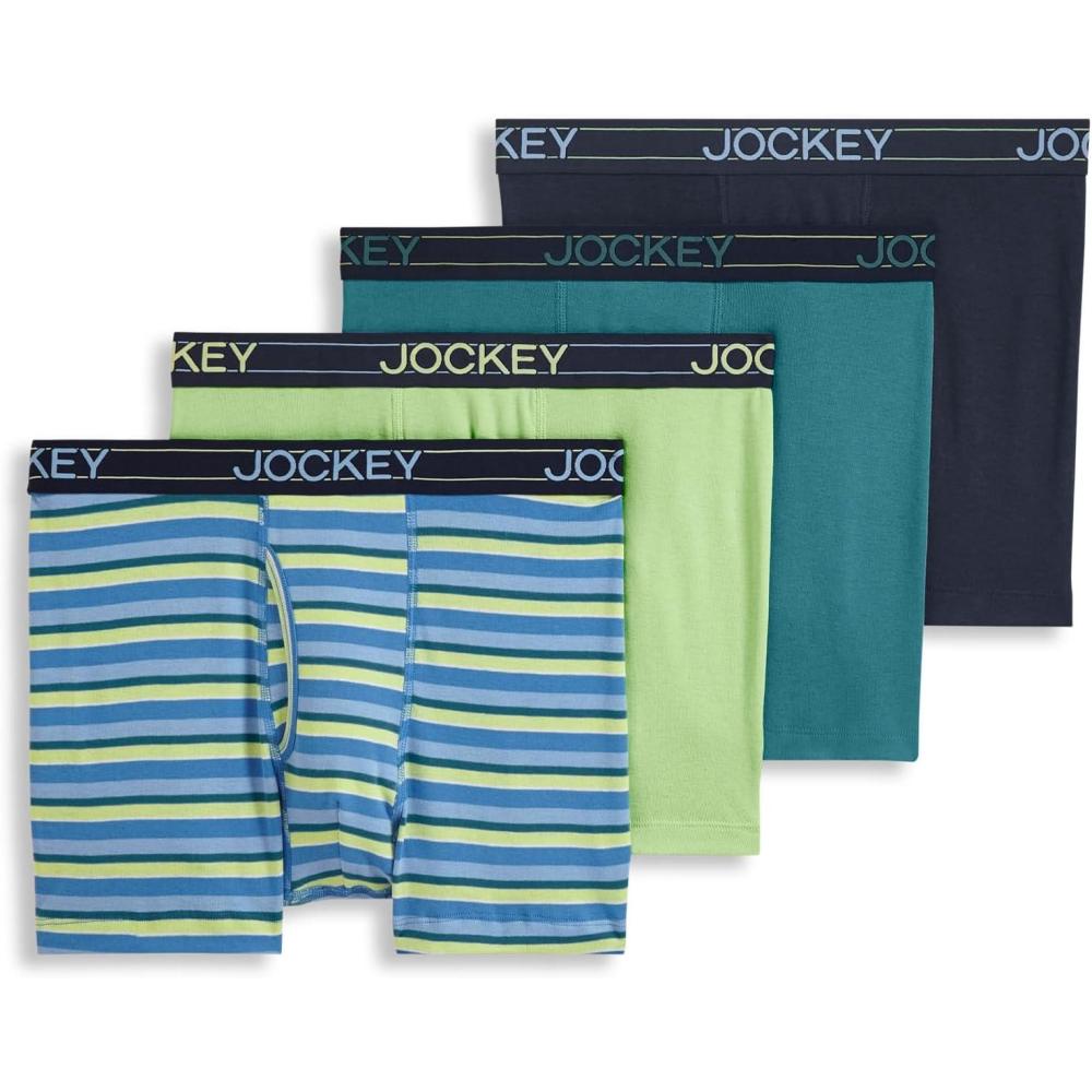 imageJockey Mens Underwear Lightweight Cotton Blend 5 Boxer Brief  4 PackTeal SlateDaring Stripe BluesSpearmintTrue Navy