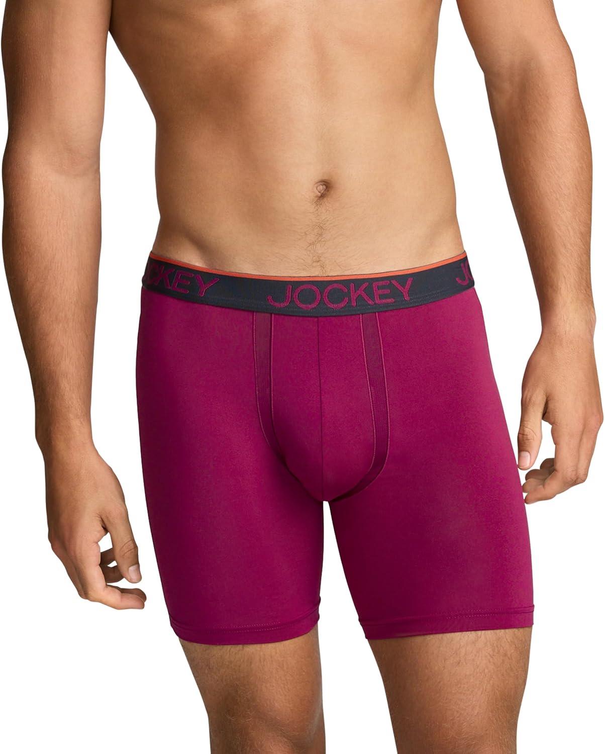 imageJockey Mens Underwear Chafe Proof Pouch Microfiber 6 Boxer Brief 3 PackMajestic BerryWarm TrailsBattleship