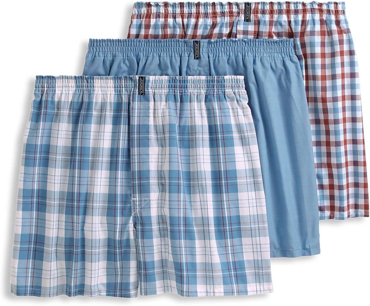 imageJockey Mens Underwear Classics Full Cut 5 Boxer 3 PackCabin Checker PlaidPlain Blue ChambrayLiberty Gingham
