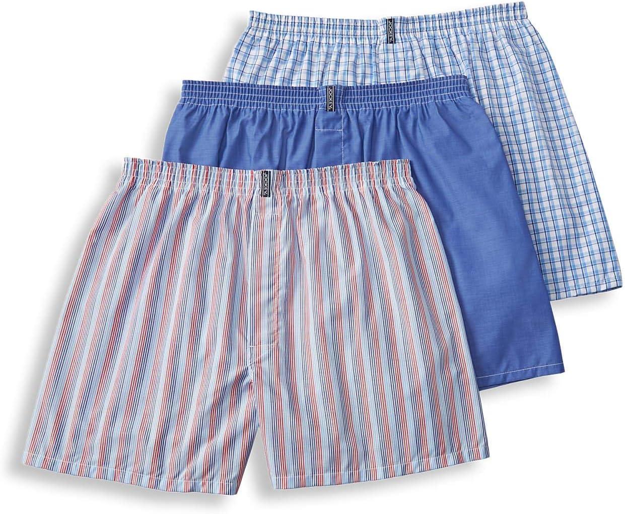 imageJockey Mens Underwear Classics Full Cut 5 Boxer 3 PackRed StripeBlue ChambraySky Blue Small Plaid