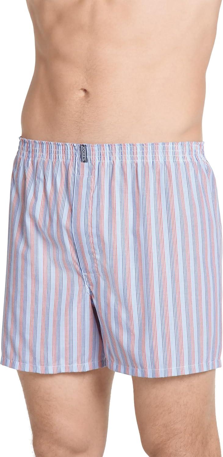 imageJockey Mens Underwear Classics Full Cut 5 Boxer 3 PackRed StripeBlue ChambraySky Blue Small Plaid
