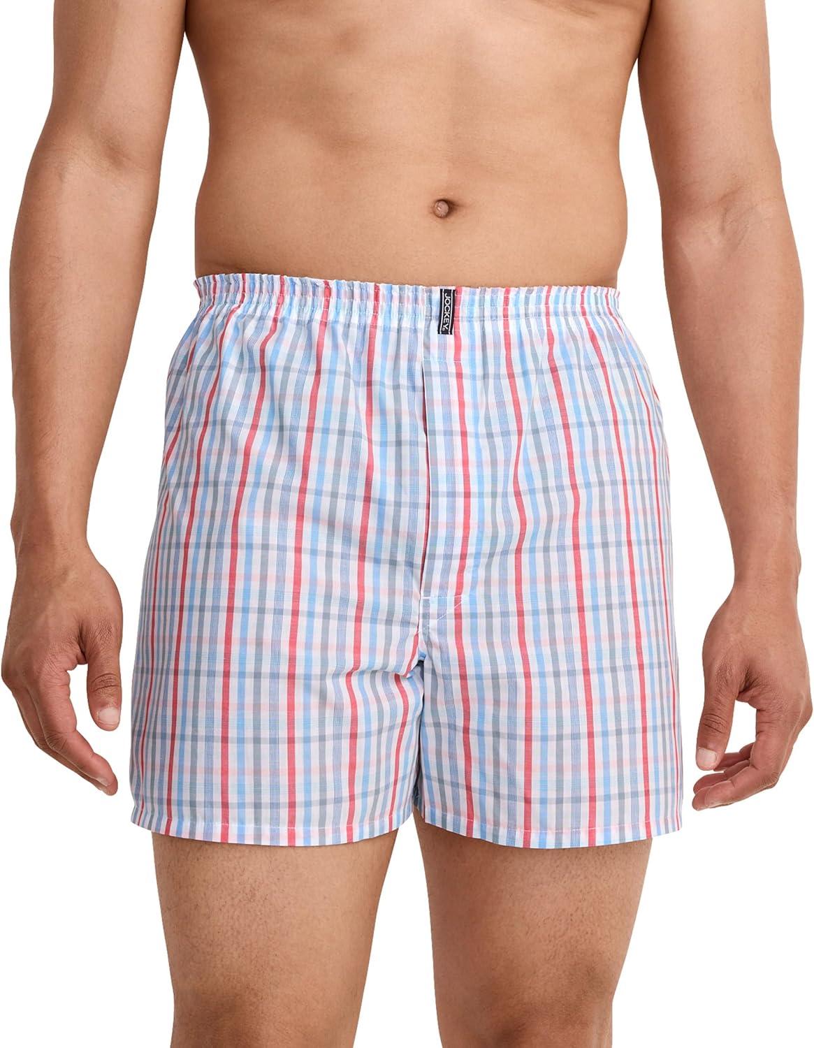 imageJockey Mens Underwear Classics Full Cut 5 Boxer 3 PackStriated Americana GinghamPlain Malibu Red WeaveCalm Stripe