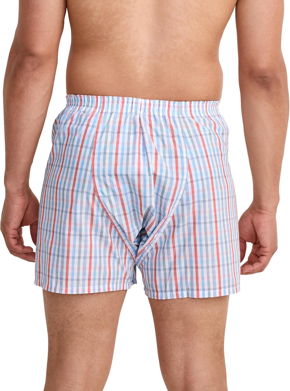 imageJockey Mens Underwear Classics Full Cut 5 Boxer 3 PackStriated Americana GinghamPlain Malibu Red WeaveCalm Stripe