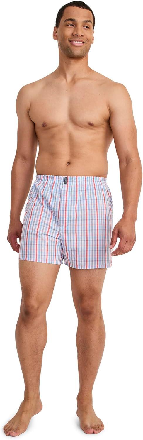 imageJockey Mens Underwear Classics Full Cut 5 Boxer 3 PackStriated Americana GinghamPlain Malibu Red WeaveCalm Stripe