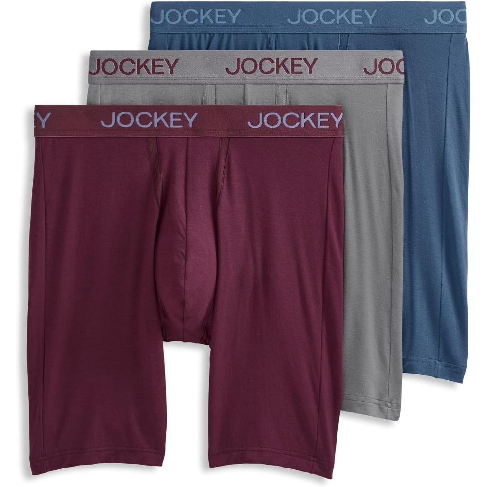 imageJockey Mens Underwear Chafe Proof Pouch Ultra Soft Modal 85 Long Leg Boxer Brief  3 PackBoulderNocturne BlueBlack Currant