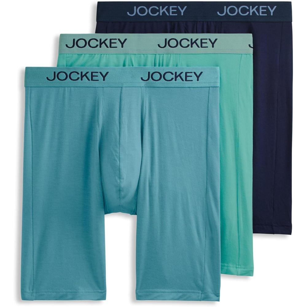 imageJockey Mens Underwear Chafe Proof Pouch Ultra Soft Modal 85 Long Leg Boxer Brief 3 PackOpulent JadeJockey BlueCove