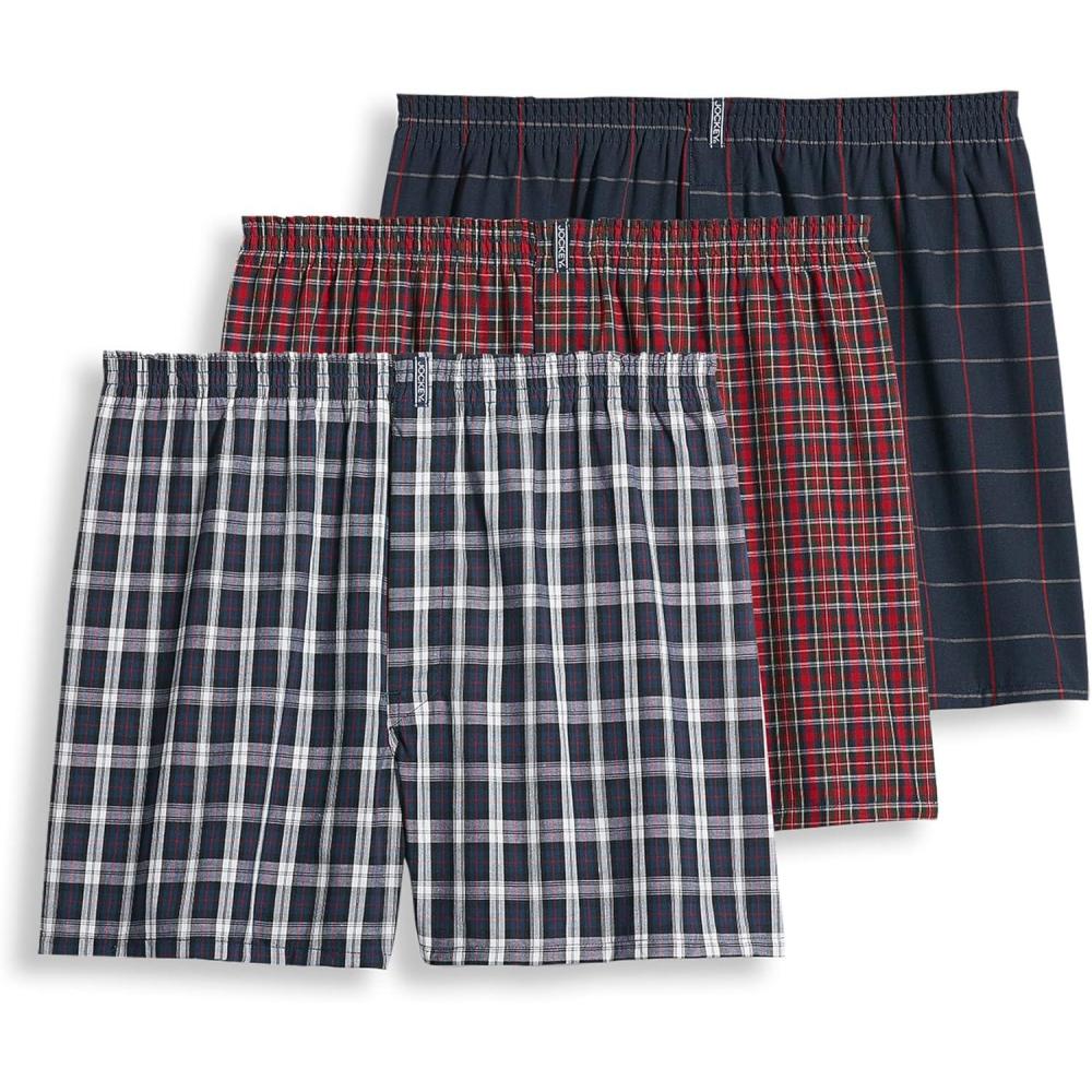 imageJockey Mens Underwear Classics Full Cut 5 Boxer 3 PackNavy TartanClassic Red TartanNavy Windowpane
