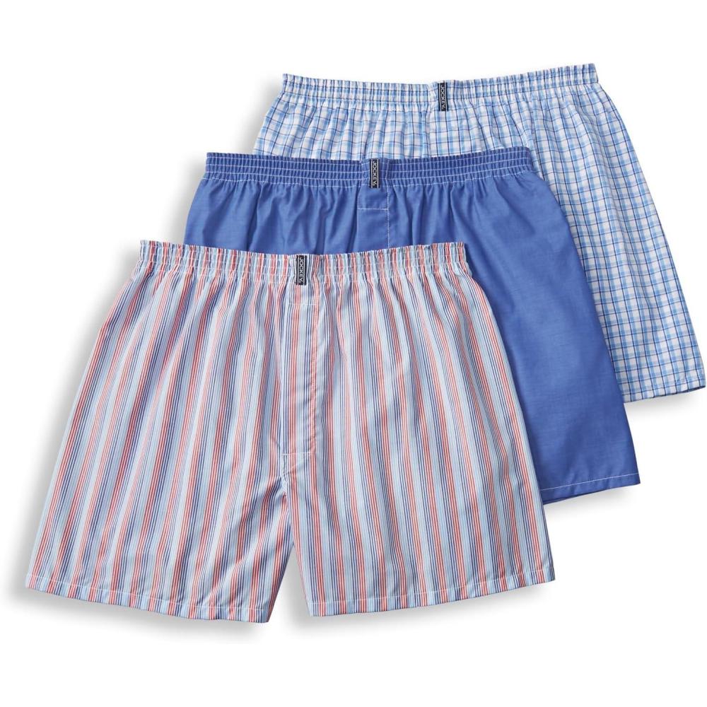 imageJockey Mens Underwear Classics Full Cut 5 Boxer 3 PackRed StripeBlue ChambraySky Blue Small Plaid
