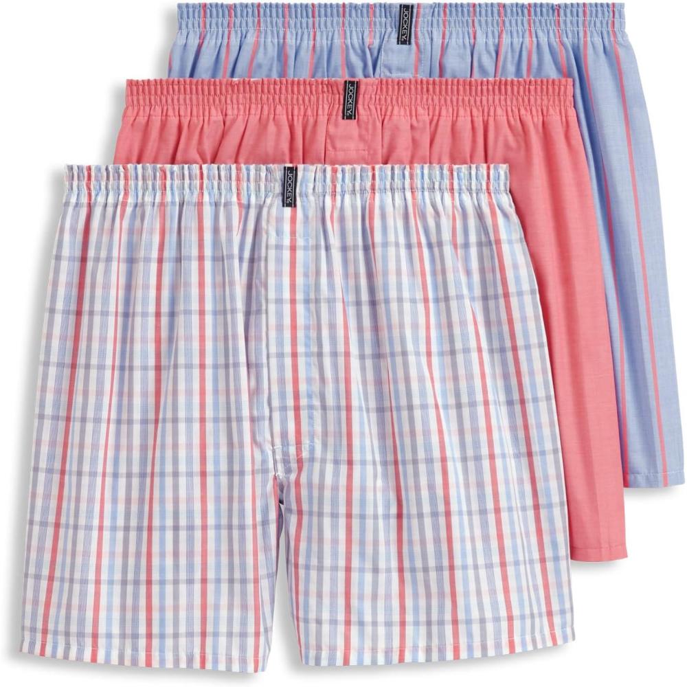 imageJockey Mens Underwear Classics Full Cut 5 Boxer 3 PackStriated Americana GinghamPlain Malibu Red WeaveCalm Stripe