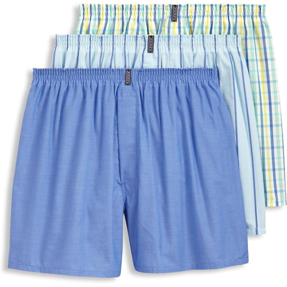imageJockey Mens Underwear Classics Full Cut 5 Boxer 3 PackStriated GinghamPain WeaveCalm Stripe Blues