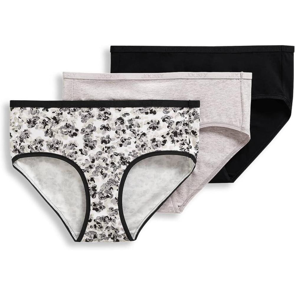imageJockey Womens Underwear Organic Cotton Stretch Logo Hipster  3 PackGrey HeatherPlacid Black PetalsBlack