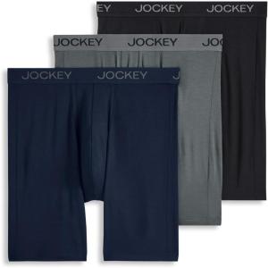 Jockey Men’s Underwear Chafe Proof Pouch Ultra Soft Modal 8.5″ Long Leg Boxer Brief – 3 Pack(True Navy/Battleship Grey/Black)