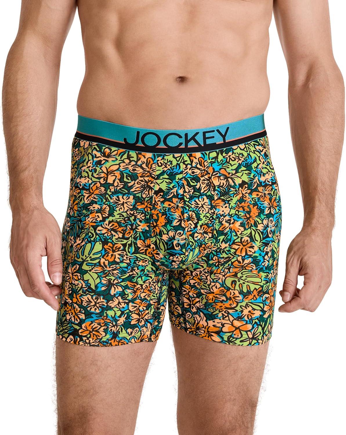 imageJockey Mens Underwear True Style 6 Boxer Brief 3 PackBright TropicsBlackShoreline Stripe