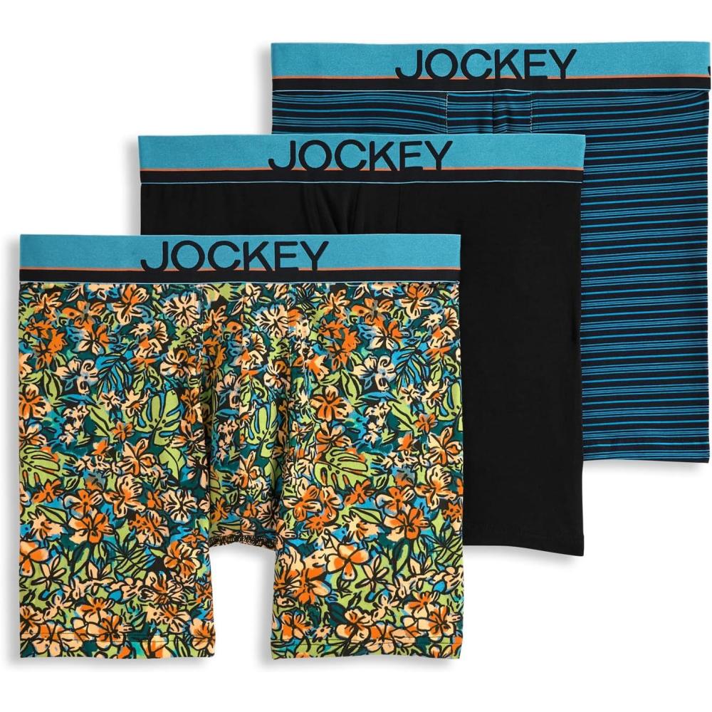 imageJockey Mens Underwear True Style 6 Boxer Brief 3 PackBright TropicsBlackShoreline Stripe