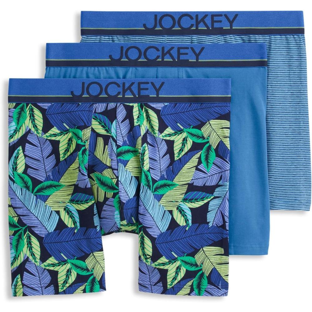 imageJockey Mens Underwear True Style 6 Boxer Brief 3 PackFanning FloraTrue BlueFrolic Stripe
