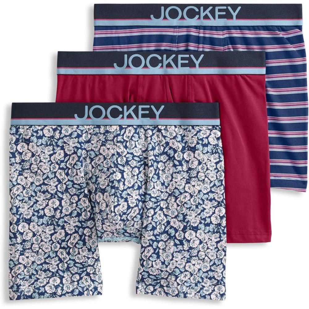 imageJockey Mens Underwear True Style 6 Boxer Brief 3 PackFunky Marina FloralRed PearSoft Blue Fall Stripe