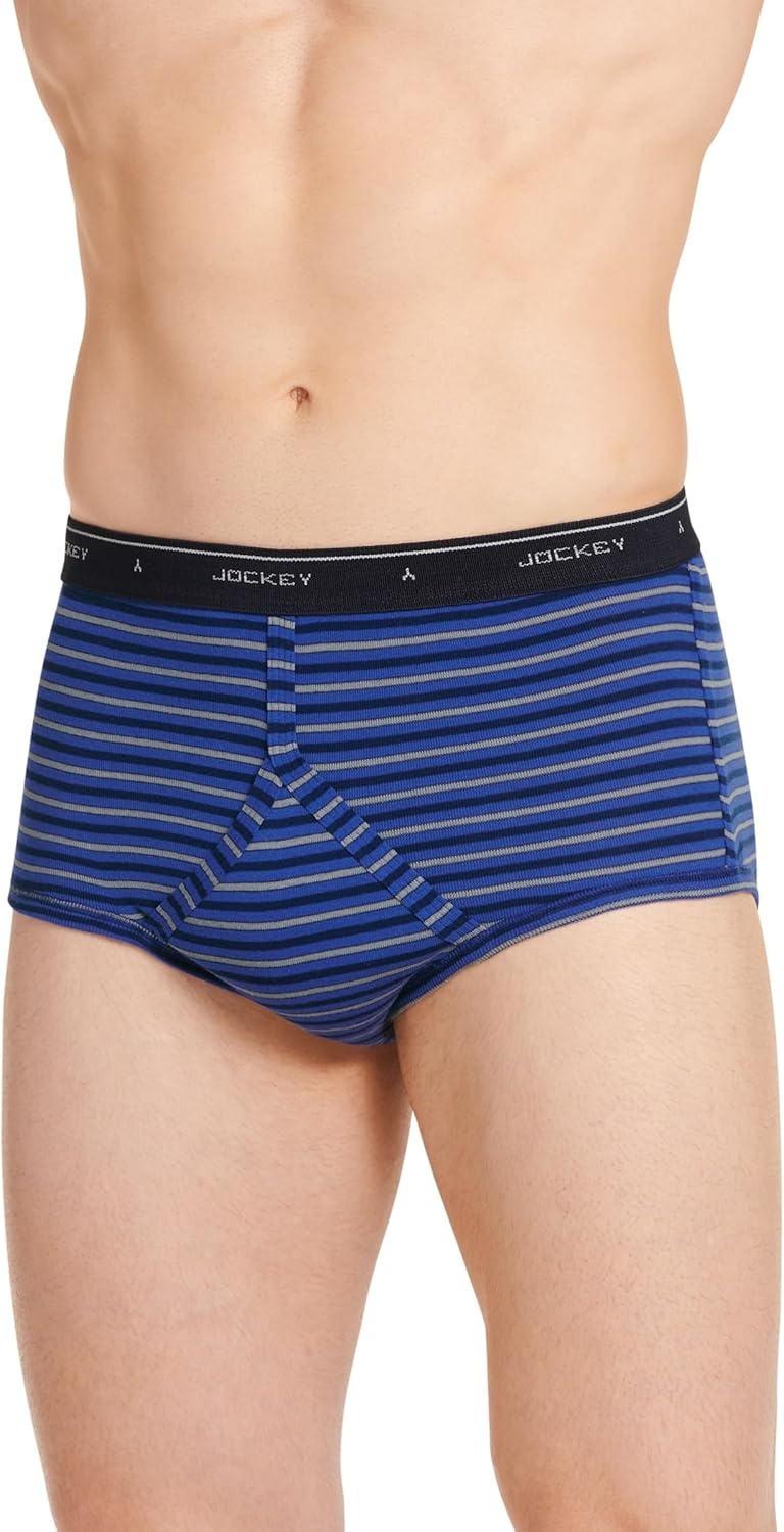 imageJockey Classic Full Rise Brief 3 Pack 100 Cotton Underwear for MenMajestic StripeMid GreyIntense Royal Blue