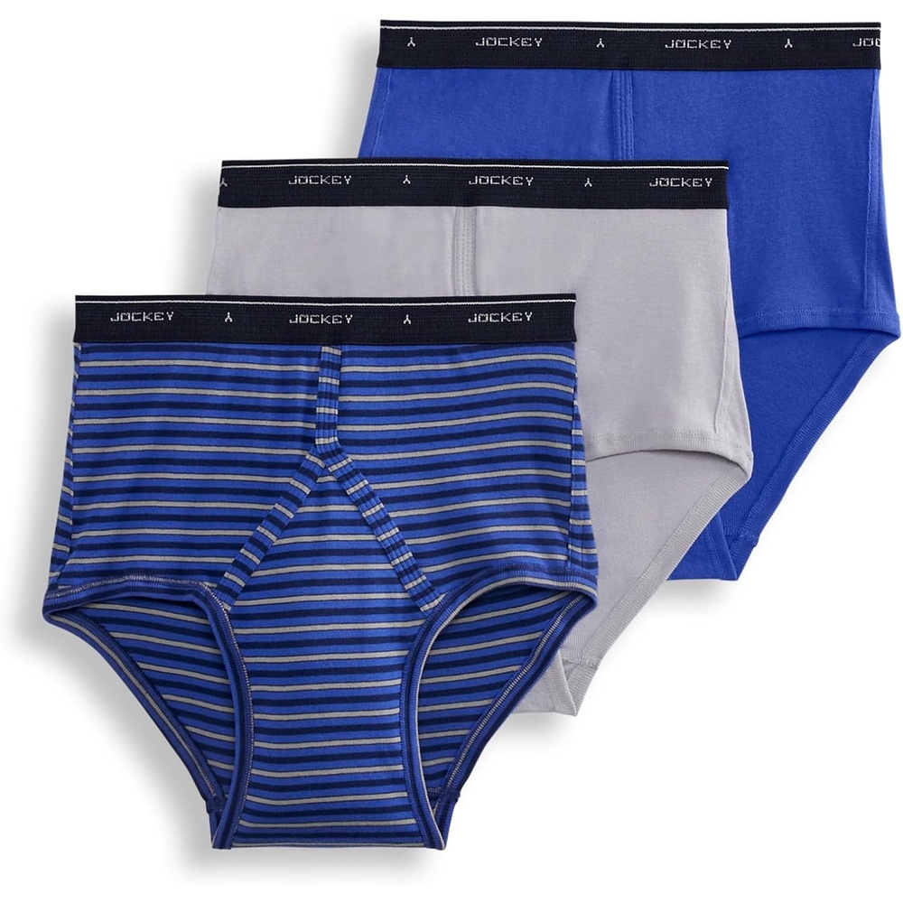 imageJockey Classic Full Rise Brief 3 Pack 100 Cotton Underwear for MenMajestic StripeMid GreyIntense Royal Blue