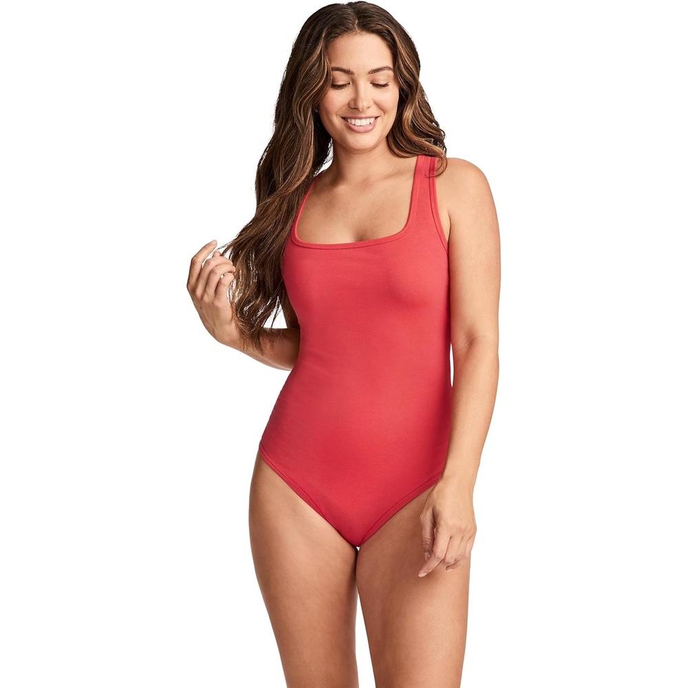 imageJockey Womens Activewear Organic Cotton Stretch Tank Strap Thong BodysuitDragonfruit Red
