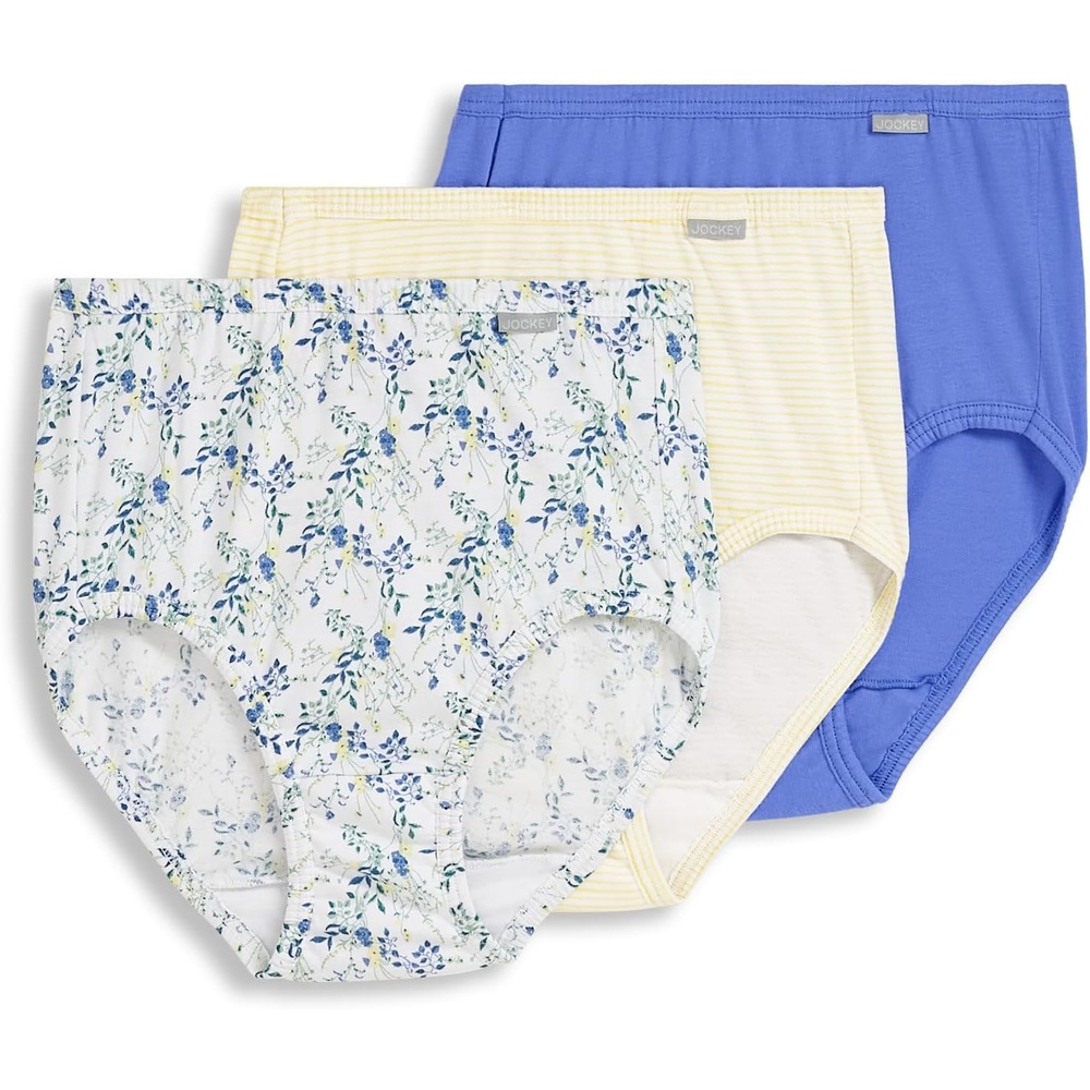 imageJockey Womens Underwear 100 Cotton Elance Brief 3 PackIris BlueTender Yellow StripeDainty White Florals