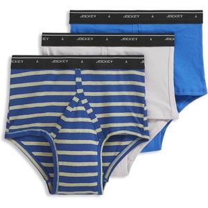 Jockey Classic Full Rise Brief- 3 Pack – 100% Cotton Underwear for Men(True Blue/One Fine Marina Stripe/Solid Grey)