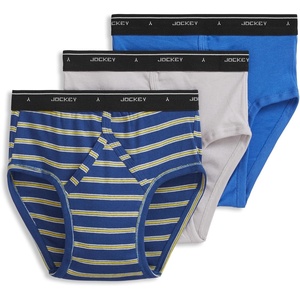 Jockey Classic Low Rise Brief- 3 Pack – 100% Cotton Underwear for Men(True Blue/One Fine Marina Stripe/Solid Grey)