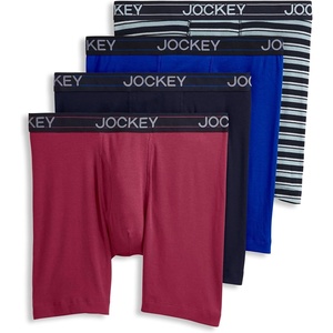 Jockey Men’s Underwear Lightweight Cotton Blend 7″ Long Leg Boxer Brief – 4 Pack(Bluest Blue/Suitable Stripe/True Navy/Red Pear)