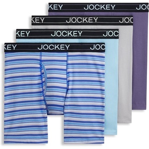 Jockey Men’s Underwear Lightweight Cotton Blend 7″ Long Leg Boxer Brief – 4 Pack(Dock Stripe)